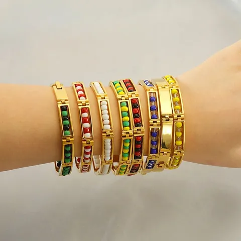 Geometric Rectangular Frame Bracelet 18K Gold Plated Stainless Steel Colorful Beads Boho Jewelry For Women Fashionable