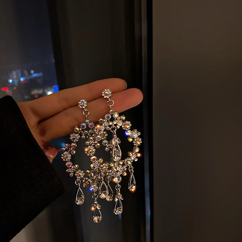 Hollow Water Drop Dangle Earrings For Women Alloy Rhinestone Vintage Long Tassel With 925 Sterling Silver Earring Post