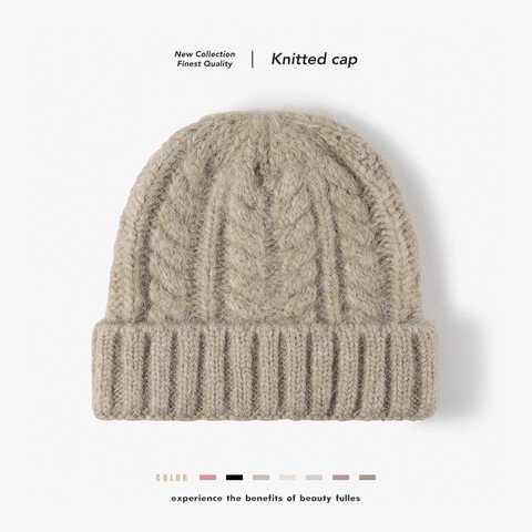 Bonnet En Maille Torsadée Épais Chaud Mélange De Laine Hiver Couleur Unie Pour Hommes Et Femmes Doux Confortable