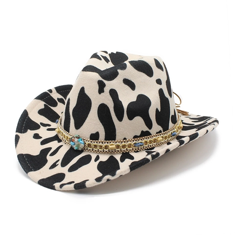 Western Cowboy Hat Cotton Polyester Wool Felt Cow Leopard Print Wide Brim Ethnic Turquoise Beaded Band Vintage Fedora For Men Women
