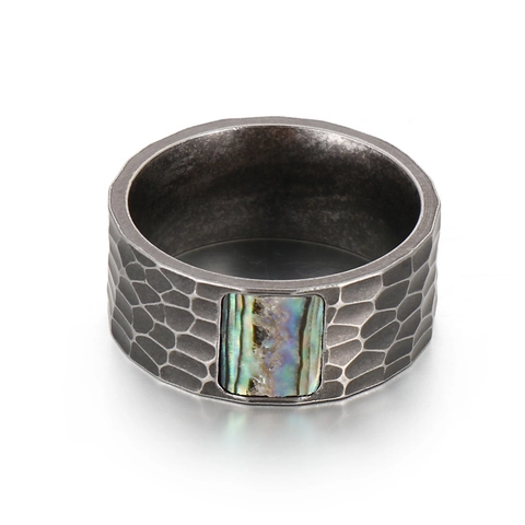 Anillo Para Hombre De Acero Inoxidable Con Patrón Martillado Banda Punk Retro Con Incrustación De Abulón