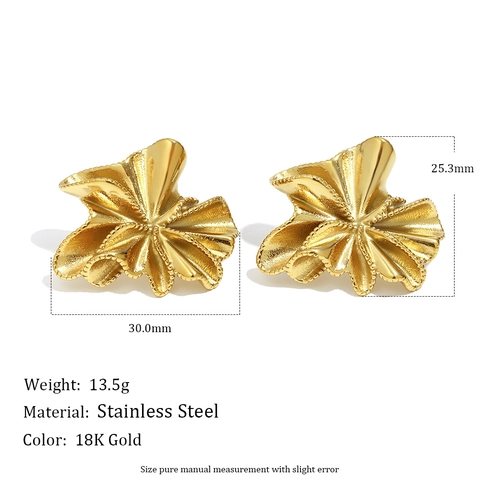 Vintage Flower Stud Earrings 18K Gold Plated Stainless Steel Pleated Petal Beaded Edge Jewelry For Women