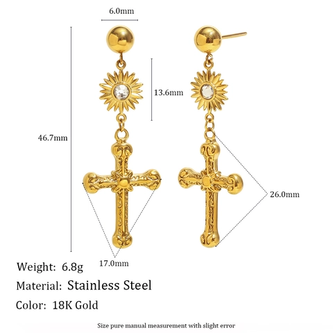 Cross Pendant Stud Earrings Stainless Steel 18K Gold Plated Sun Star Zircon Retro Jewelry For Women