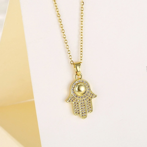 Hamsa Hand Hanger Ketting Roestvrij Staal Verguld Micro Pave Zirkoon Fatima Oog Sleutelbeenketting Sieraden Vrouwen