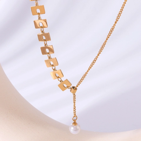 Collar De Eslabones Cuadrados Con Colgante De Perla Artificial Acero Inoxidable Chapado En Oro De 18K Joyas Elegantes En Forma De Y