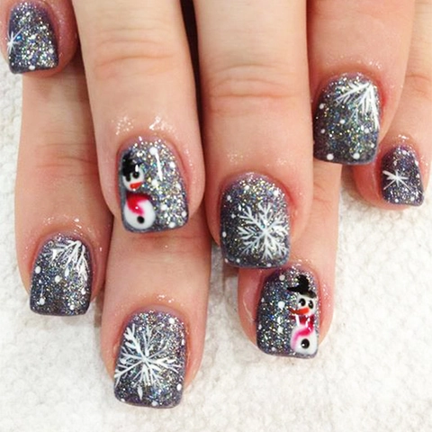 Uñas Postizas De Navidad Muñeco De Nieve Copo De Nieve Brillo Plata Plástico ABS Manicura De Invierno Para Mujeres