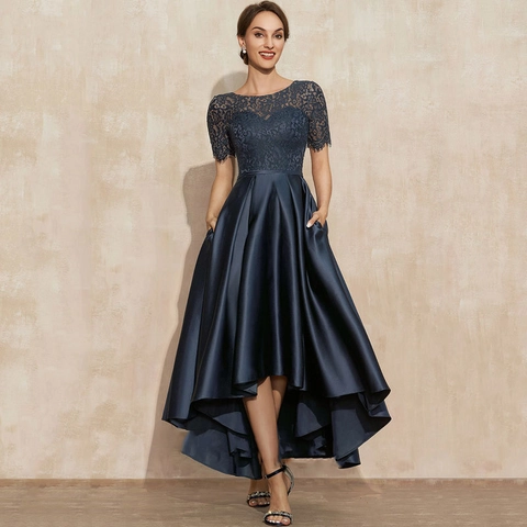 Abito Da Sera Blu Marino Pizzo Satén Collo Rotondo Manica Corta Orlo Alto-Basso Vestito Da Festa Con Tasche Donna