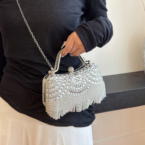 Rhinestone Evening Clutch Bag For Women Shiny Crystal Tassel Handbag With Metal Handle And Chain Strap Luxury Party