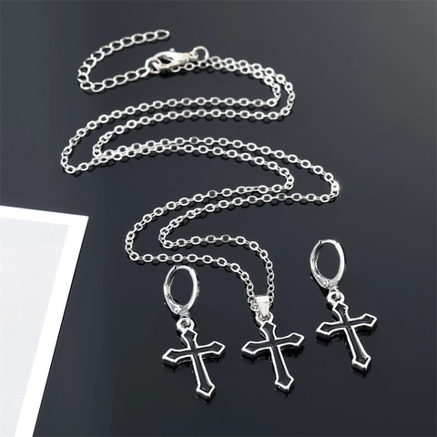 Collana Con Pendente A Croce Nera E Orecchini A Cerchio Lega Gotico Hip Hop Gioielli Di Moda Per Donna Uomo Regalo
