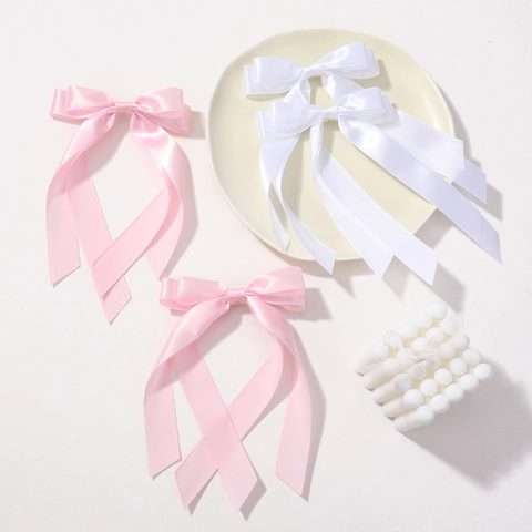 Double Layer Satin Ribbon Bow Hair Clip Long Streamers Alligator Clip Sweet Candy Color Princess Hairpin For Kids Girls