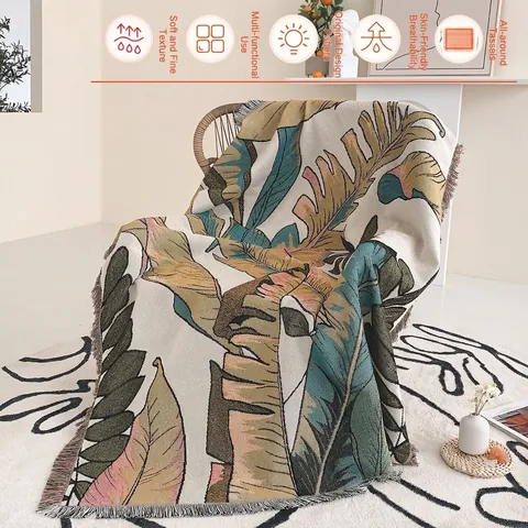 Coperta Intrecciata In Cotone Foglie Tropicali Jacquard Frange Divano Letto Ufficio Camping Nordico Boho Arazzo