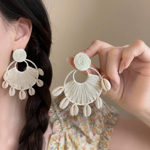 Pendientes De Gota Con Concha Y Flores De Rafia Bohemios Para Mujer Vacaciones En La Playa Joyas Tejidas A Mano Con Poste De Plata