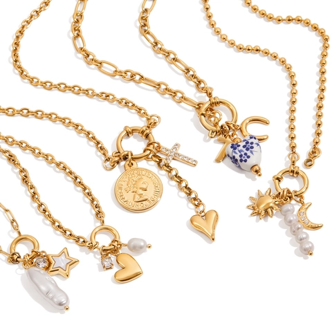 Collana Con Pendente Cuore Perla Artificial In Acciaio Inossidabile Placcato Oro 18K Zircone Stella Luna Moneta Croce Impermeabile