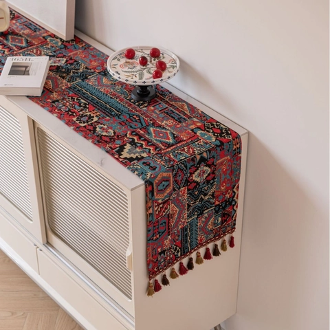 Bohemian Jacquard Table Runner With Tassels Geometric Ethnic Polyester Cotton Table Runner For Kitchen Dining Table Wedding Party Home Decor