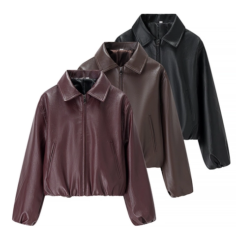Damen Kunstleder Bomberjacke Locker Reverskragen Reißverschluss Langarm Tasche Winter Herbst Mantel Weinrot Schwarz Braun Mode Oberbekleidung
