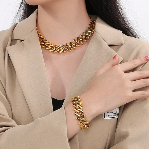 Punk Stainless Steel Cuban Link Necklace And Bracelet For Men Women Hip Hop Chunky Chain Jewelry