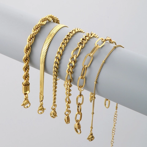 Stainless Steel Gold Plated Bracelet For Women Men Minimalist Figaro Box Rope Cuban Snake Paperclip Link Chain Jewelry