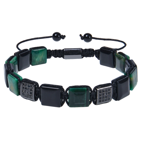 Natural Stone Braided Bracelet Square Geometric Malachite Tiger Eye Adjustable Cord Zircon Jewelry Unisex