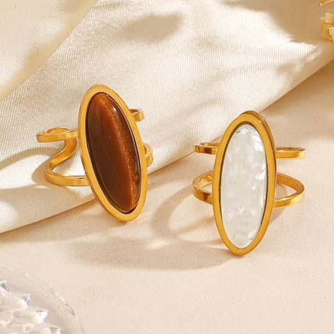 Vintage Oval Geometric Ring Stainless Steel Gold Plated Tiger Eye Stone Faux Marble Inlay Open Adjustable Fashion Women