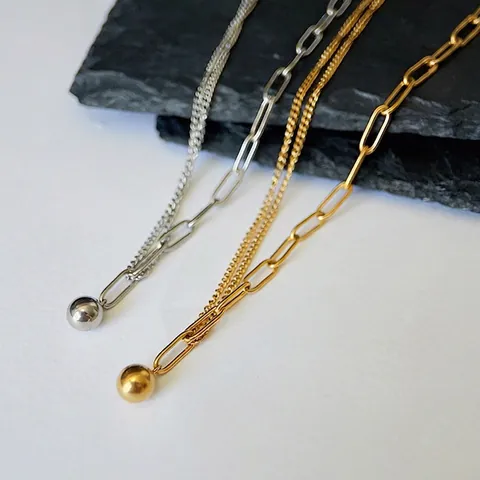 Asymmetric Necklace For Women Titanium Steel 18K Gold Plated Paperclip Thin Chain Splicing Ball Pendant Minimalist Jewelry