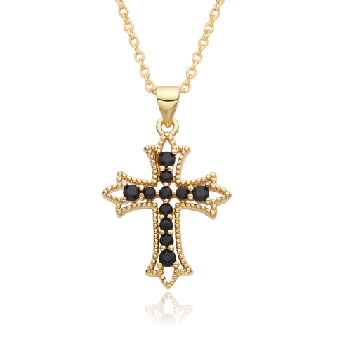 Élégant Collier Pendentif Croix en Cuivre Plaqué Or pour Femmes Avec Strass Incrustés Bijoux Religieux Chaîne de Pull Minimaliste