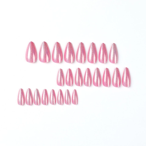 Pink Holographic Glitter Press On Nails Long Almond Stiletto Aurora Shine Glossy Artificial False Fingers Decorative Manicure