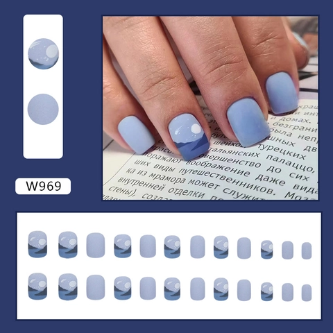 Short Matte Press On Nails Square Landscape Ink Painting Artistic Blue Artificial Wearable Fake Nails