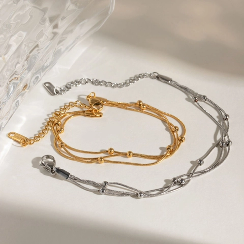 Multi Layer Beaded Chain Bracelet Necklace Stainless Steel Minimalist Geometric Jewelry For Women