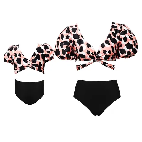 Pofmouwen Bikini Badpak Hoge Taille V-Hals Wikkel Tropische Bladeren Luipaardprint Nylon Badmode Voor Dames