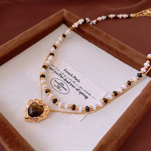 Vintage Double Layer Heart Faux Tiger Eye Pendant Necklace Copper Beaded Snake Chain Retro Jewelry For Women