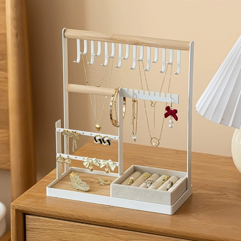 Jewelry Organizer Stand Metal Iron Wood Tiered Display Rack For Necklaces Earrings Rings Storage Holder Tray