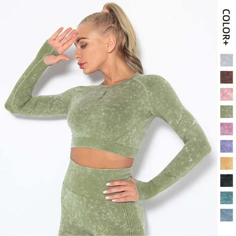 Damen Yoga Outfits Acid Wash Nahtloses Langarm Crop Top Und Leggings Mit Hoher Taille Bauchkontrolle Gym Kleidung