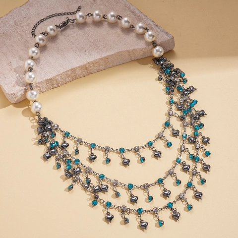 Collar De Varias Capas Vintage Diamantes Azules Colgante De Corazón Perla Artificial De Imitación Cadena De Clavícula Mujer