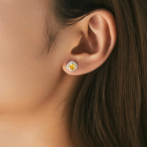 Pendientes de Botón de Plata de Ley 925 con Circonia Amarilla Corte Cojín para Mujer Elegantes Joyas de Halo Geométrico