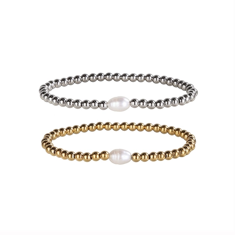 Bracelet À Perles Minimaliste Avec Perles En Acier Inoxydable Et Perle D'eau Douce Élastique Étanche Bijoux De Mode Élégants Pour Femmes