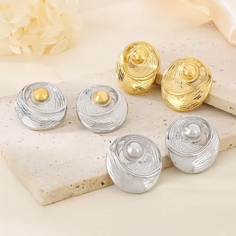 Pendientes De Botón Ovalados Con Textura De Ondas Geométricas Acero Inoxidable Chapado En Oro De 18K Joyas De Moda