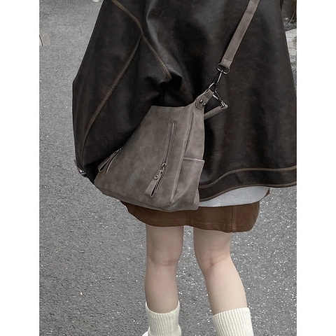 Retro Hobo Schultertasche Große Kapazität PU Leder Wildleder Textur Vertikaler Reißverschluss Pendler Täglich Frauen