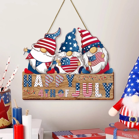 Gnome Wood Hanging Sign US Independence Day Patriotic Wall Decor Happy 4th Of July Stars And Stripes Plaque