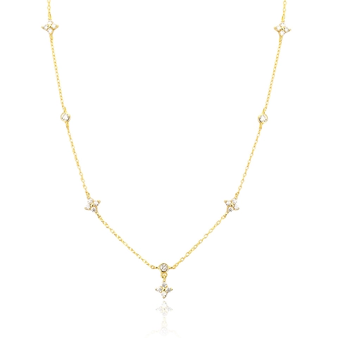 925 Sterling Silver Four Leaf Clover Station Necklace Zircon Inlaid Elegant French Style Jewelry For Women