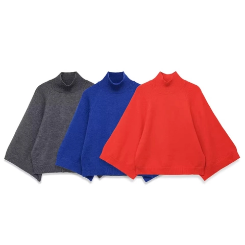 Pull Tricoté À Col Roulé Femme Coupe Ample Manches Chauve-souris Décontracté Couleur Unie Doux Finition Bord-côte