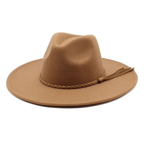 Fedora Hat Wool Felt Wide Brim Woven Belt Tassels Vintage Bohemian Style Retro Western Jazz Cap For Women Men