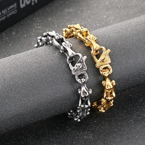 Bracciale A Catena In Osso Di Acciaio Inossidabile Punk Gothic Chiusura A Teschio Maglie A Scheletro Gioielli Da Uomo