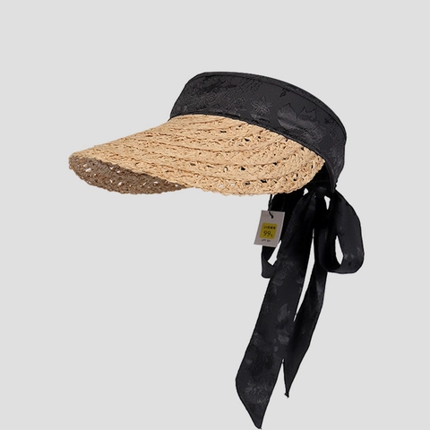 Elegante Zonneklep Van Raffia Stro Met Brede Rand Zonbescherming Zomer Visier Met Satijnen Bloemenstrik Voor Dames