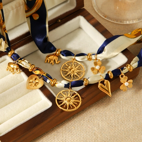 Collana Bracciale Nastro Foulard Raso Ciondoli Acciaio Inossidabile Placcato Oro Elefante Sole Cuore Fiore Gioielli