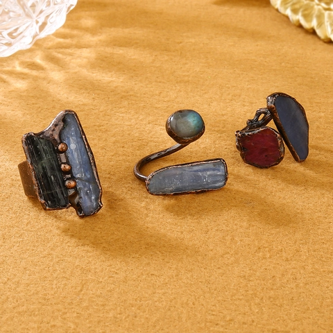 Vintage Natuursteen Kyaniet Labradoriet Dubbele Edelsteen Open Ring Antiek Brons Verguld Handgemaakte Retro Sieraden