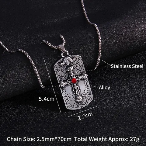 Gothic Retro Stainless Steel Cross Pendant Necklace Antique Silver Hip Hop Rhinestone Square Dog Tag Jewelry For Men Women