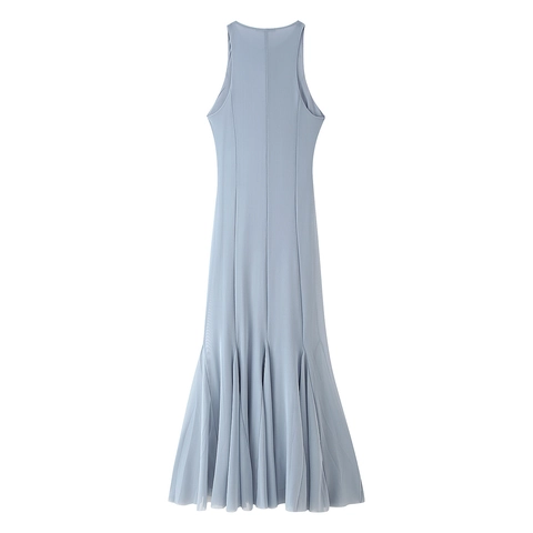Elegant Mesh Maxi Dress Round Neck Sleeveless Pleated Mermaid Hem Solid Color Retro French Style Women