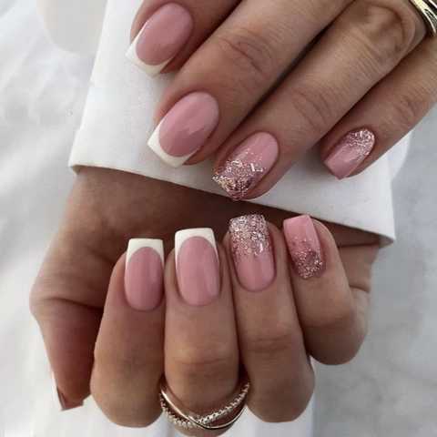Franse Kunstnagels Witte Tip Roze Glitter Glanzend Elegante Plaknagels Voor Dames Dagelijkse Manicure