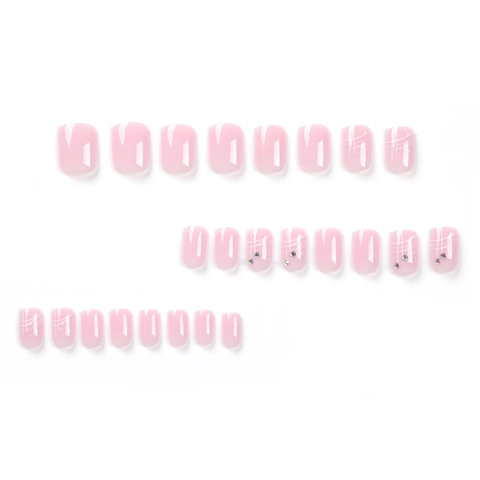 Press On Nägel Französischer Kurzquadratischer Stil Gelee Rosa Falsche Fingernägel Weiße Linien Strasssteine Damen