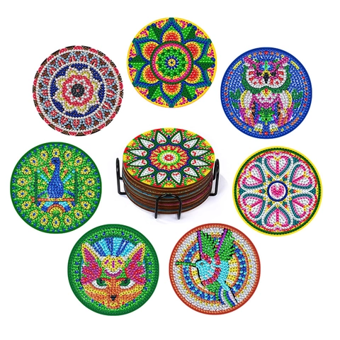 DIY Diamond Painting Coasters Acrylic Wood Holder Mandala Animal Patterns Round Rhinestone Crystals Handmade Craft Art